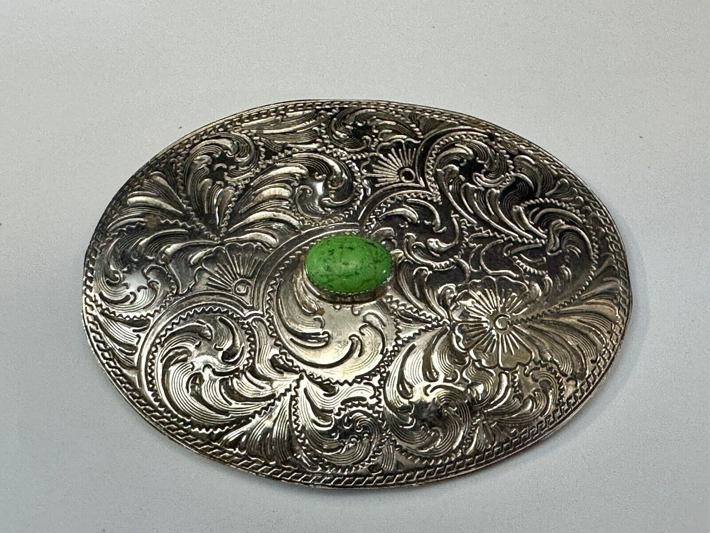 Artisan Made vtg Large western flower swirl design belt buckle  green center Cab