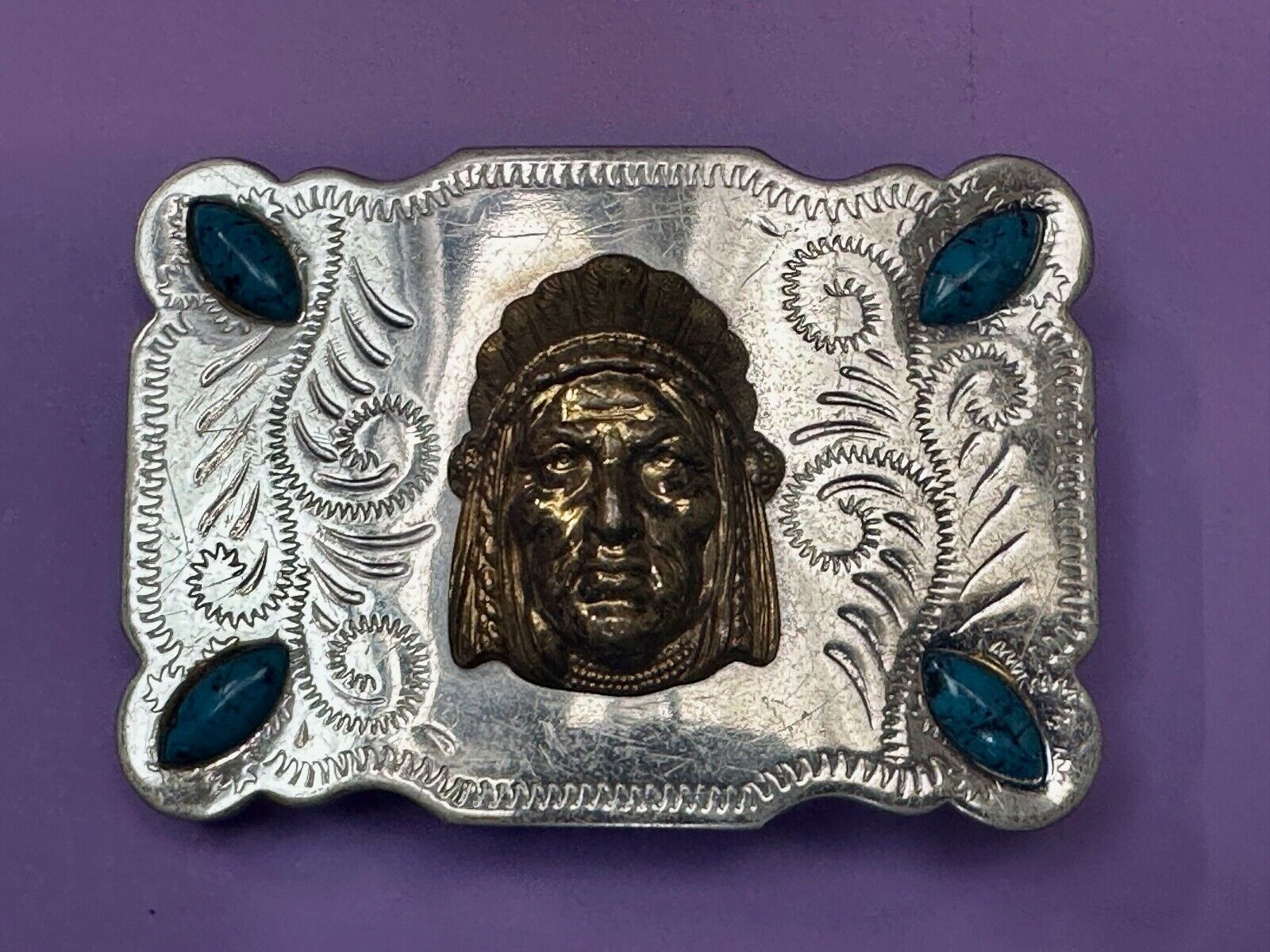 3D Native American Indian Chief & Turquoise stones Nickel Silver Vtg Belt Buckle