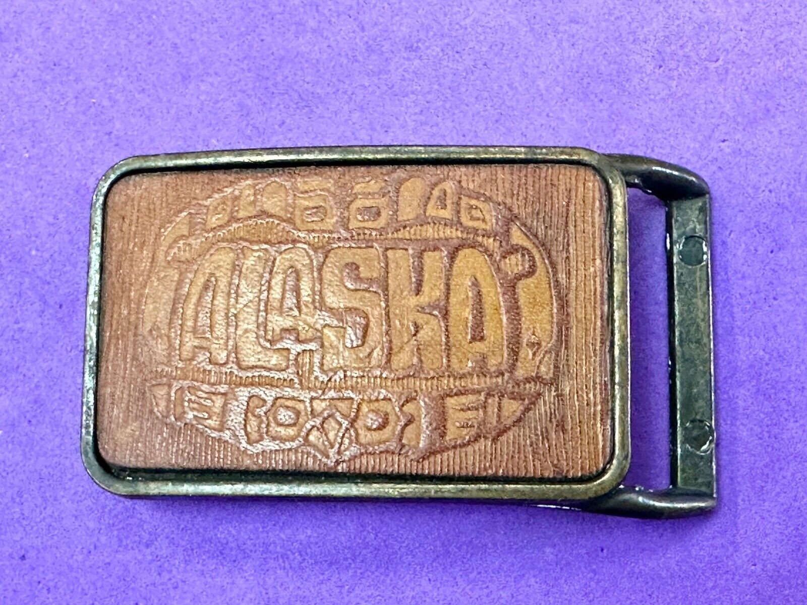 vintage Alaska Rodeo Faux? leather and brass western cowboy belt buckle