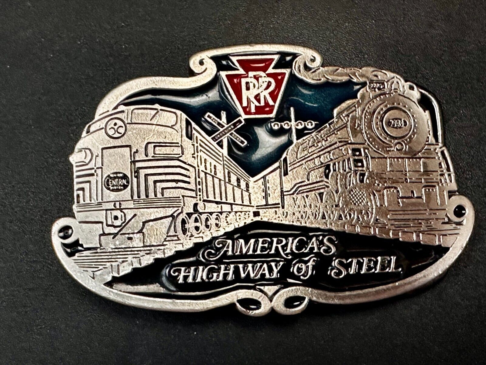 America’s Highway Of Steel RR Double Railroad Train Belt Buckle Made in USA 2396