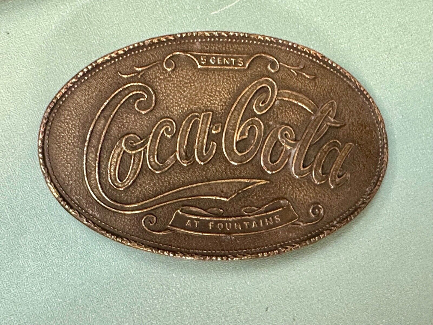 VINTAGE 1970s **COCA-COLA 5 CENTS AT FOUNTAINS** SODA POP BELT BUCKLE