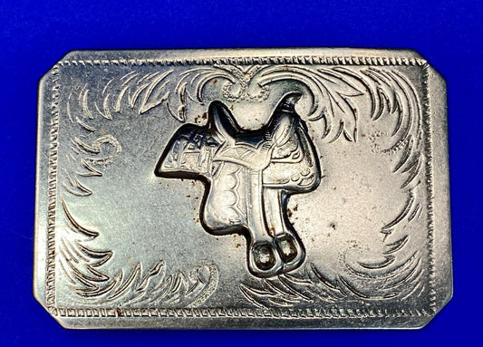 Vintage Horse Saddle Silver Tone Ornate Rectangular Belt Buckle
