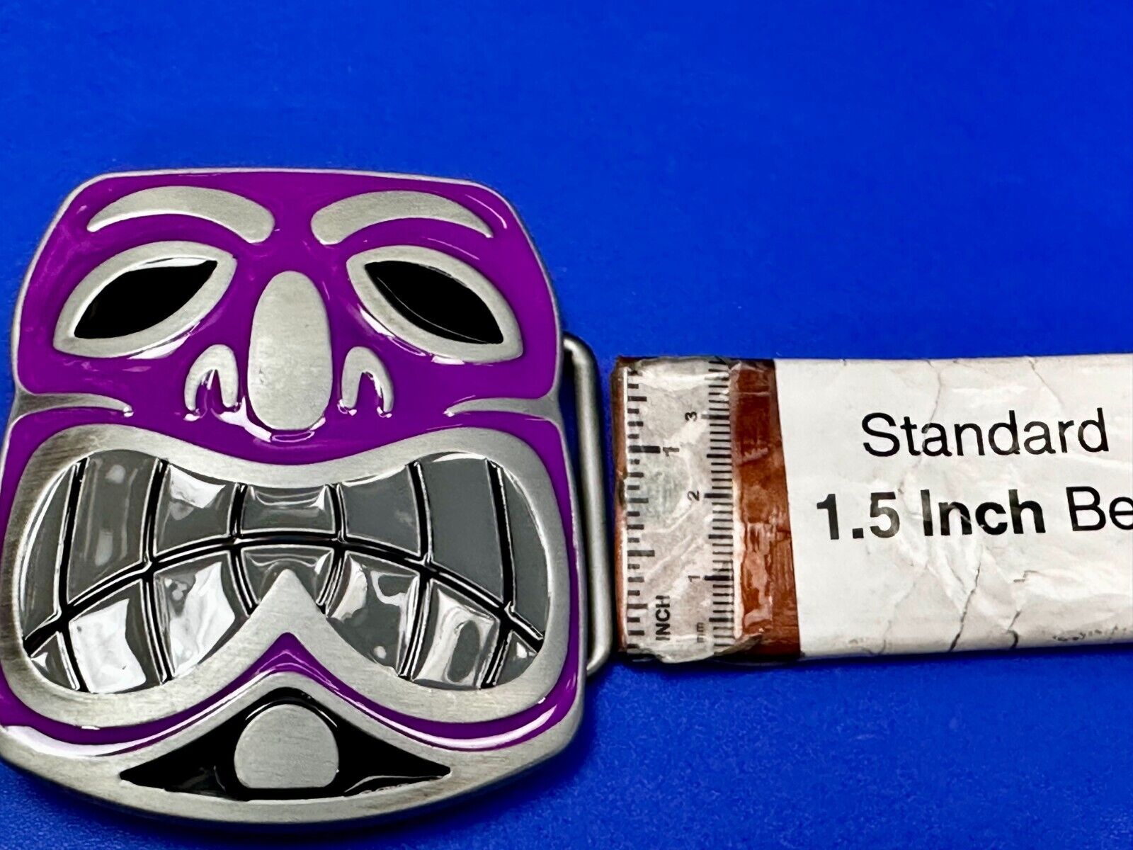 Tribal Tiki Mask Statue Animation Hawaiian Silver & Purple Color Belt Buckle