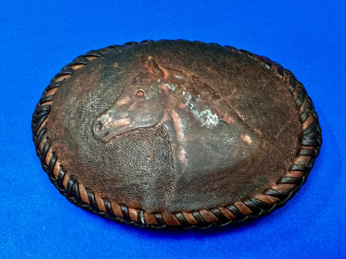 Vintage Horse Head On Brown Leather Belt Buckle to restore!