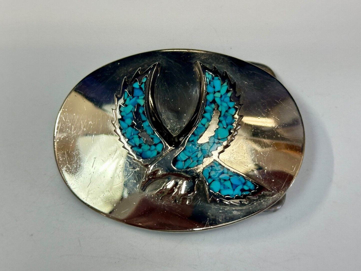 Turquoise Chip inlaid Flying Hunting Diving Patriotic American Eagle Belt Buckle