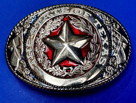 The Great State of Texas - Flag & Star Vtg. Red Blue & Black Color Belt Buckle