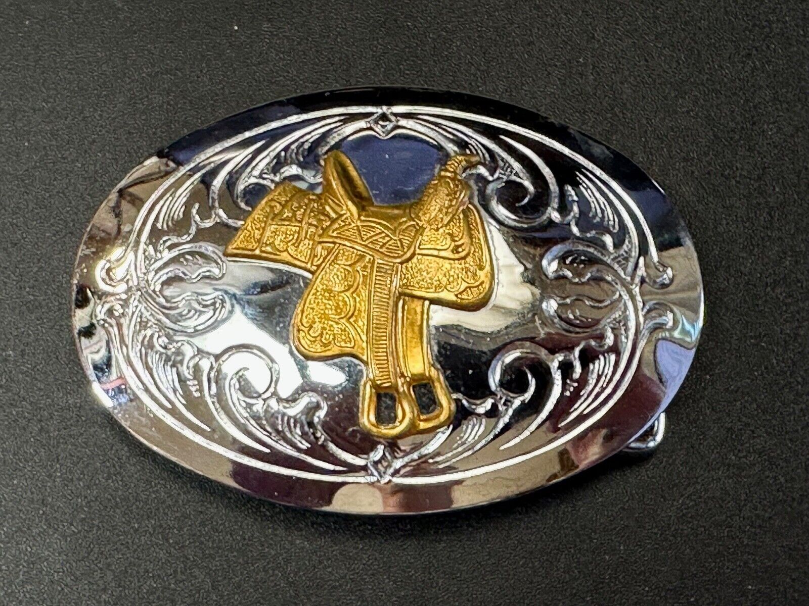 vintage Chambers Horse Saddle - Cowboys Cowgirls two tone belt buckle