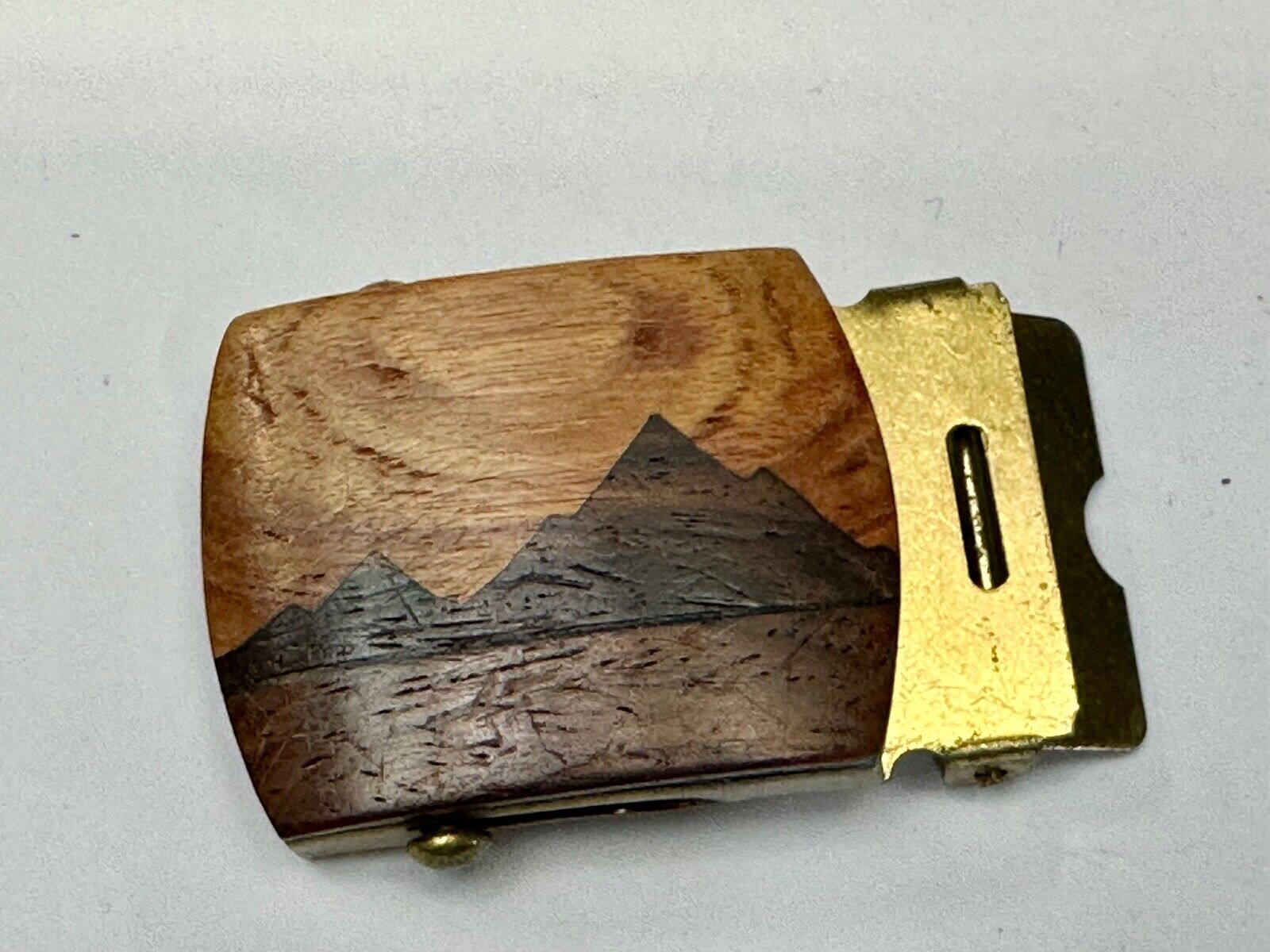 Artisan Mountain scene - Mixed Wood Top Solid Brass Ratchet Dress Belt Buckle