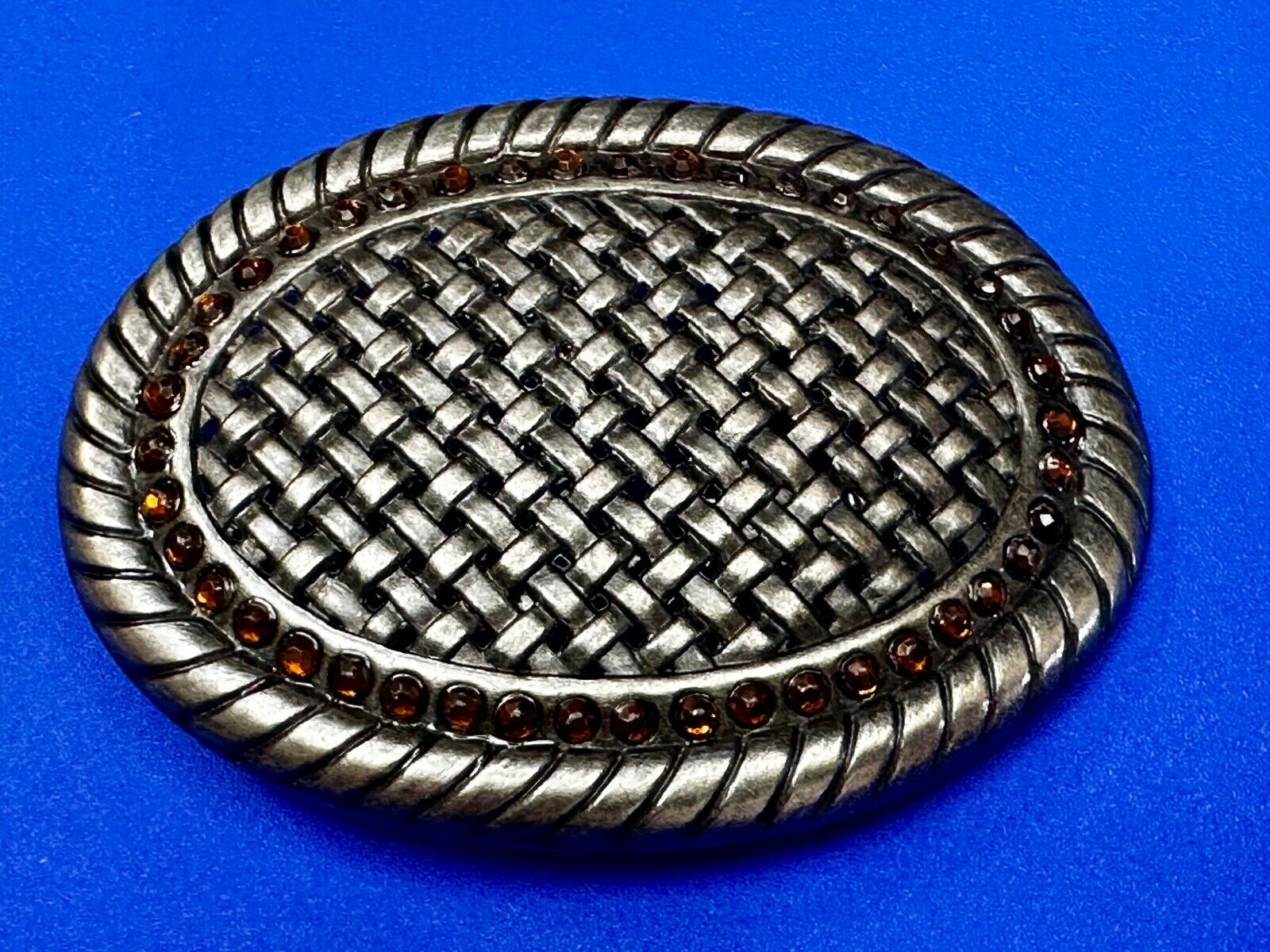 Basket Weave Design Rhinestone Border Vintage Metal Oval Belt Buckle