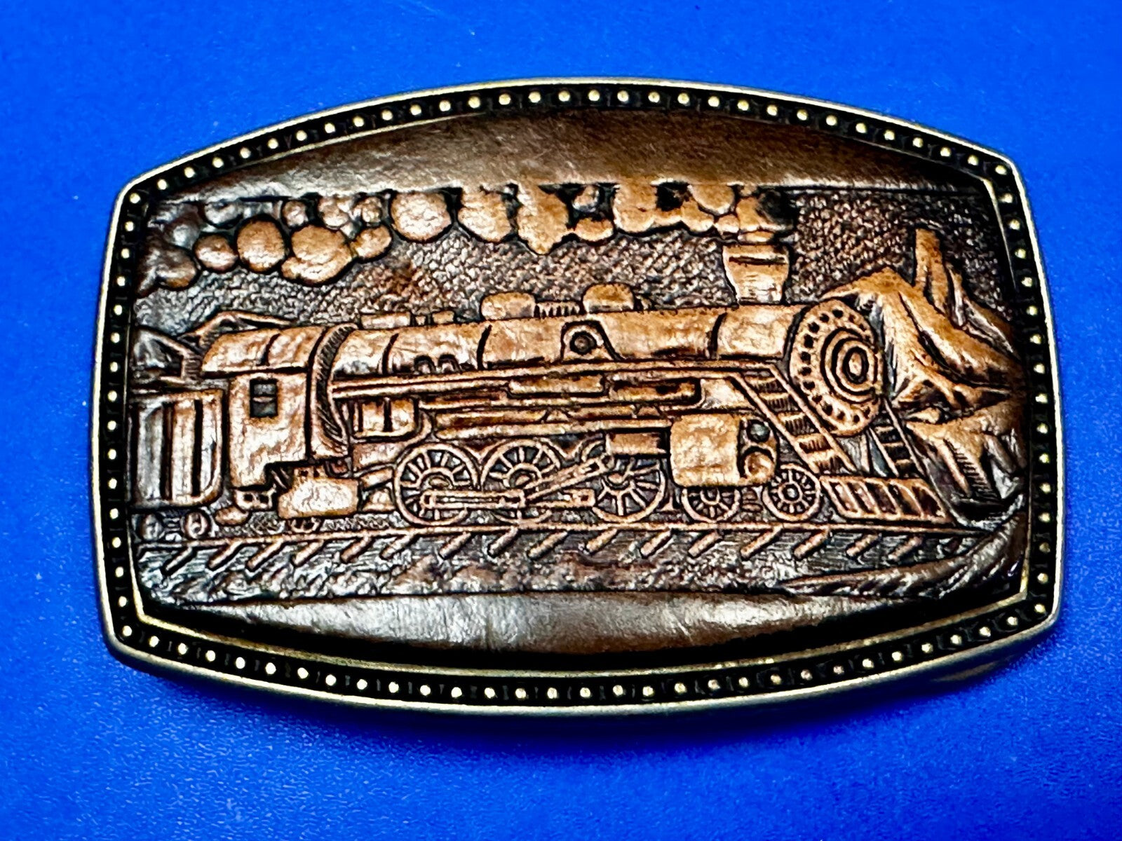 #4108 Train Locomotive Railroad Vtg. Leather on Metal Alumaline Belt Buckle