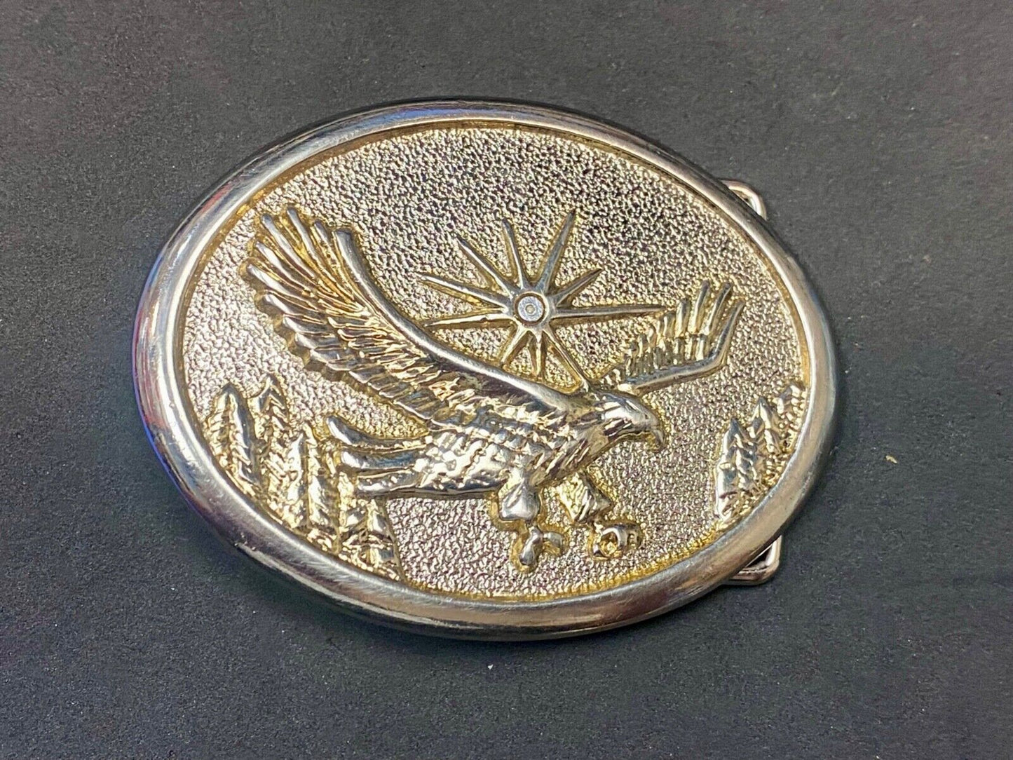 Vintage Eagle Flying Over Mountains With Sunburst two tone belt buckle