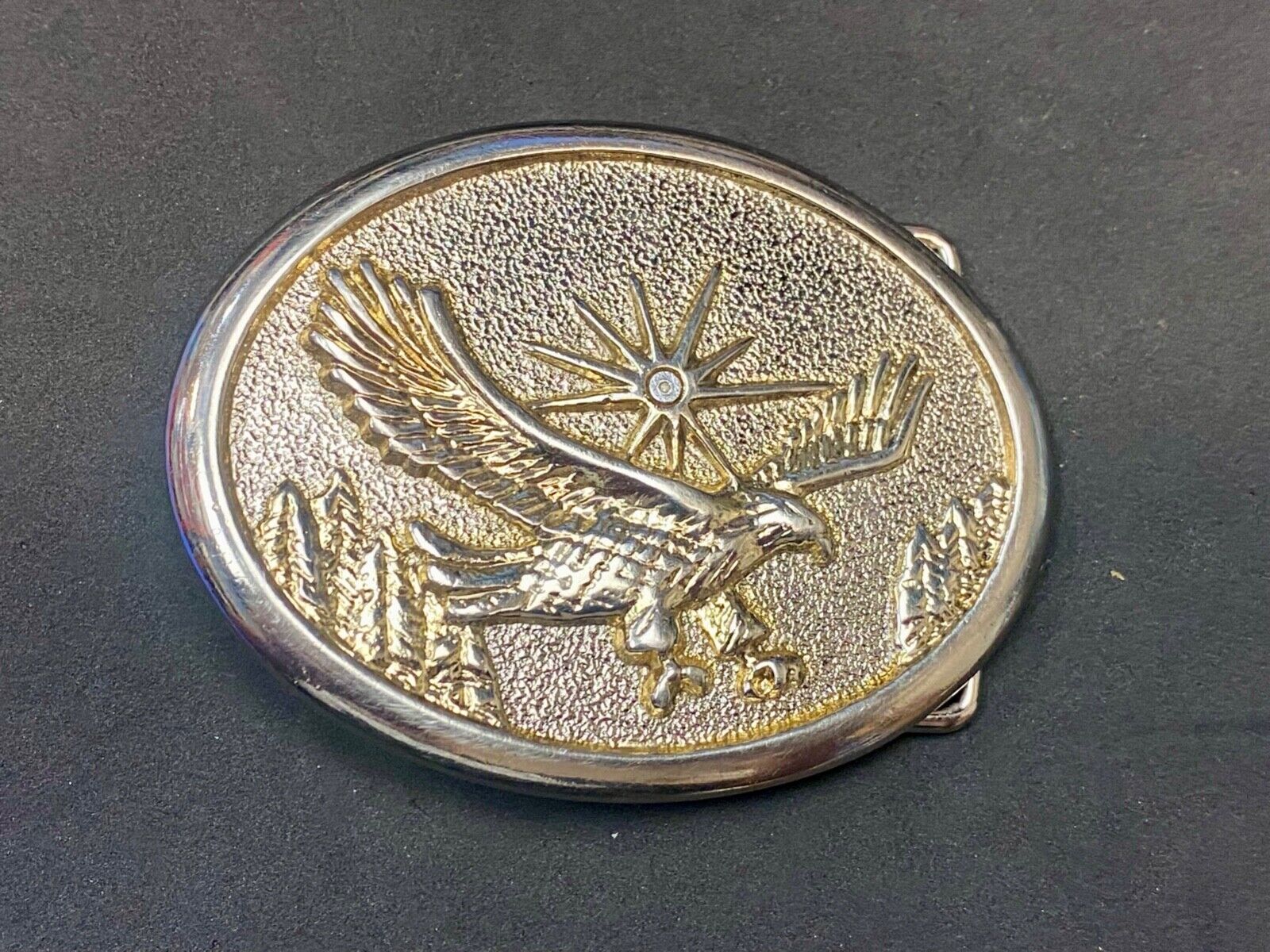 Vintage Eagle Flying Over Mountains With Sunburst two tone belt buckle