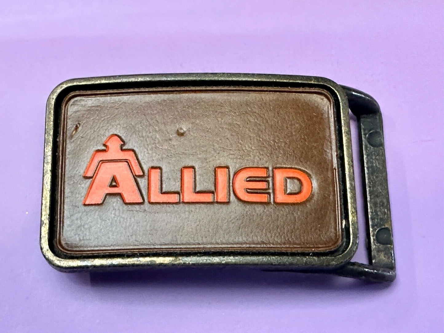 70's Allied Trucking Transportation Vintage leather Belt Buckle orange lettering