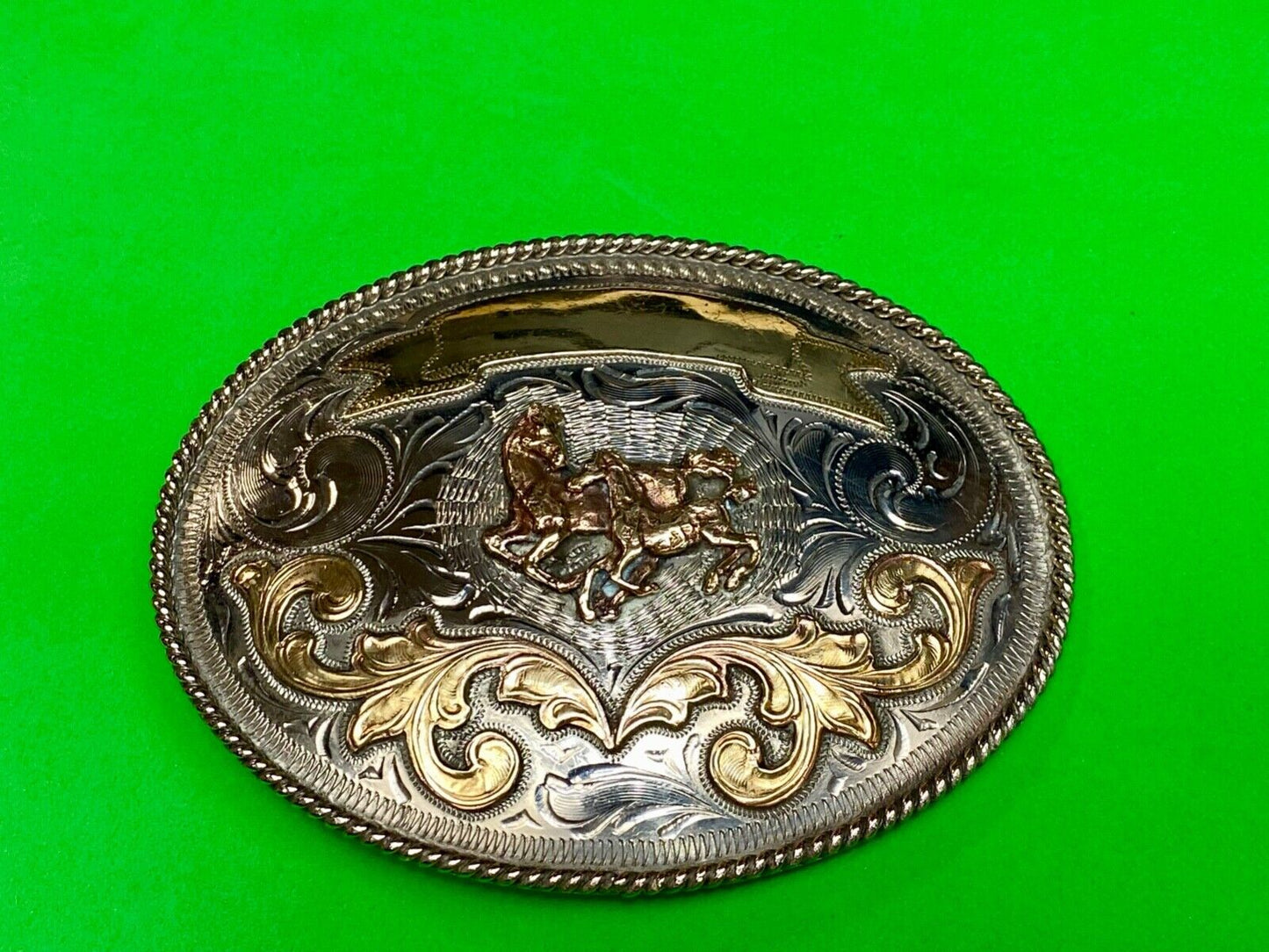 5" wide! Alpaca Mexico stamped wild mustangs horses running wild belt buckle