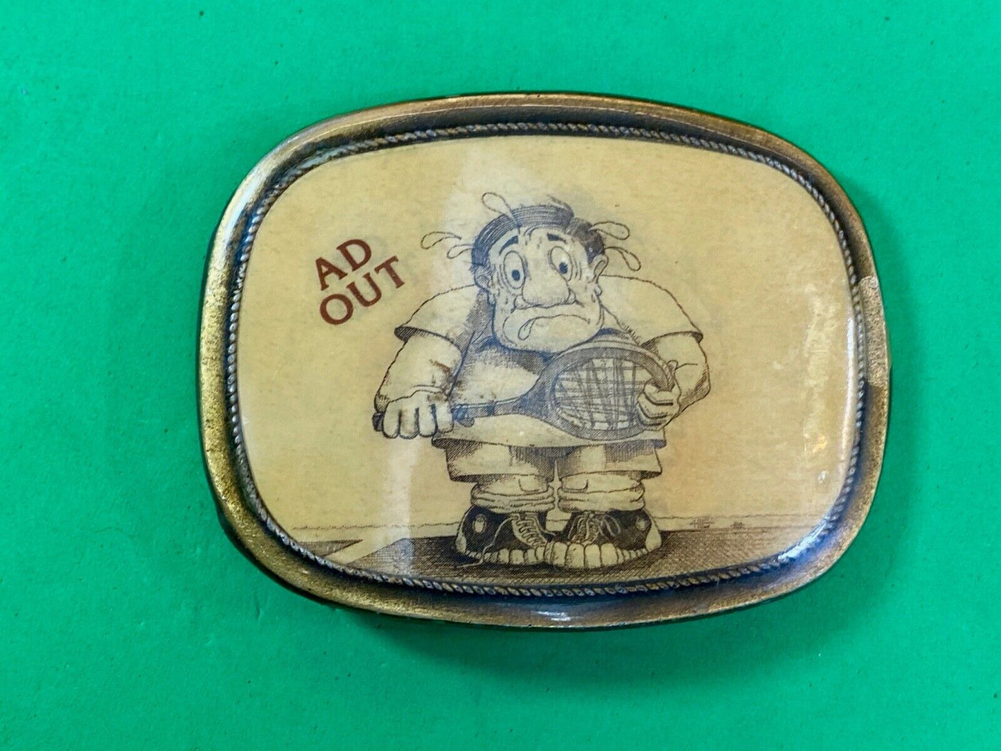 Vintage 1980'S "Ad Out ' Tennis  Humor Belt Buckle Brass Enamel Squirrel Club