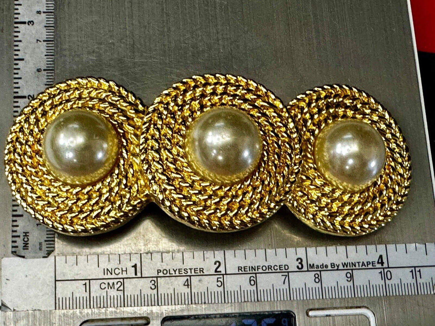 Three Round Faux Pearl's HUGE Statement Large Gold Tone Vintage Belt Buckle
