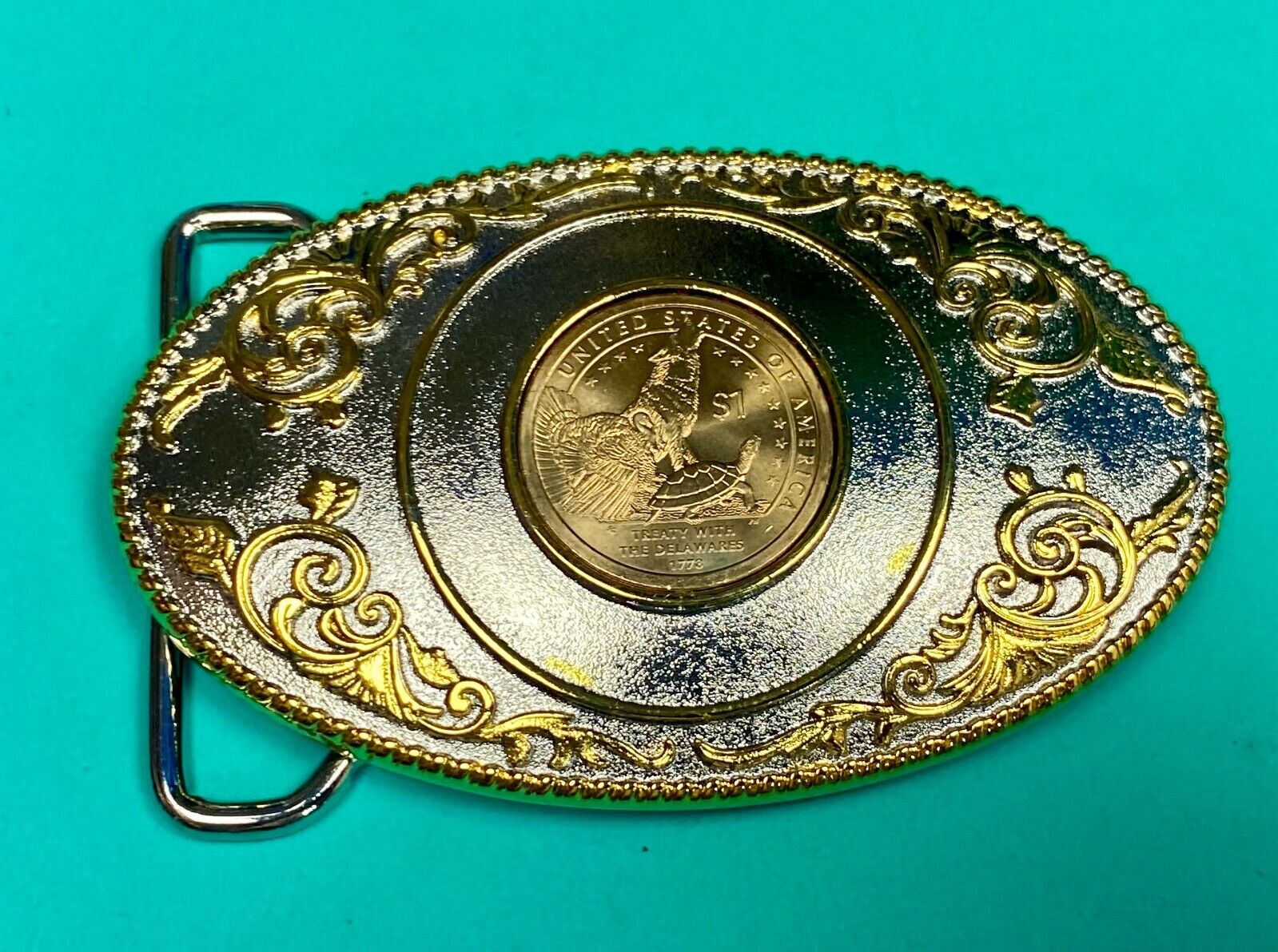Treaty With Delaware First Commemorative Mint One Dollar Coin Belt Buckle & Coa
