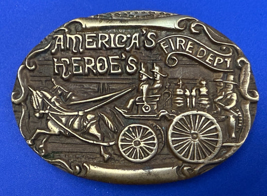 America's Heroes Fire Department Fireman Truck Wagon Solid Brass Belt Buckle