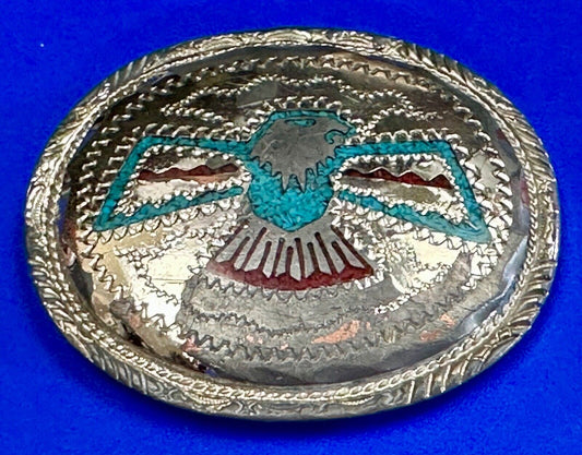 THUNDERBIRD Inlaid turquoise & Coral belt buckle - see hallmark ---   to restore