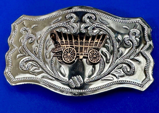 Vintage Covered Wagon - western two tone outlined ornate belt buckle