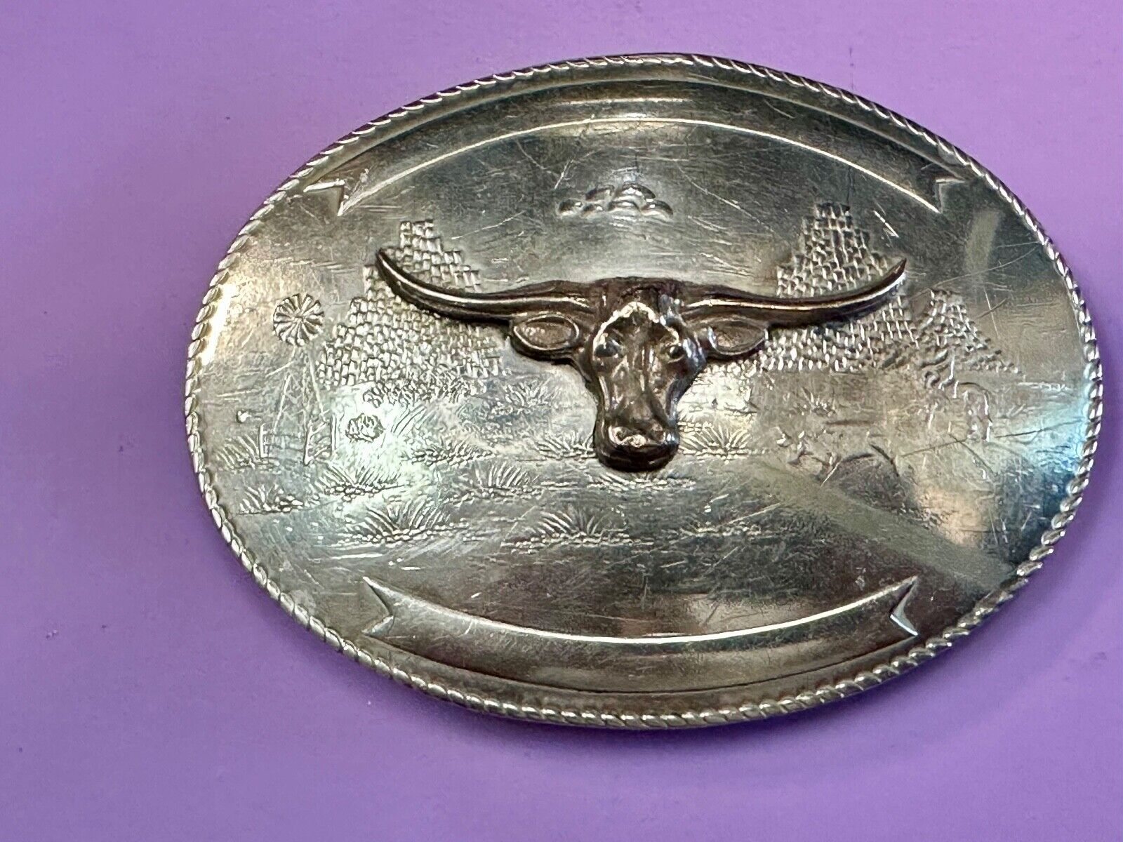 Texas longhorn - Vintage Artisan? two tone engraved award ribbon Belt Buckle