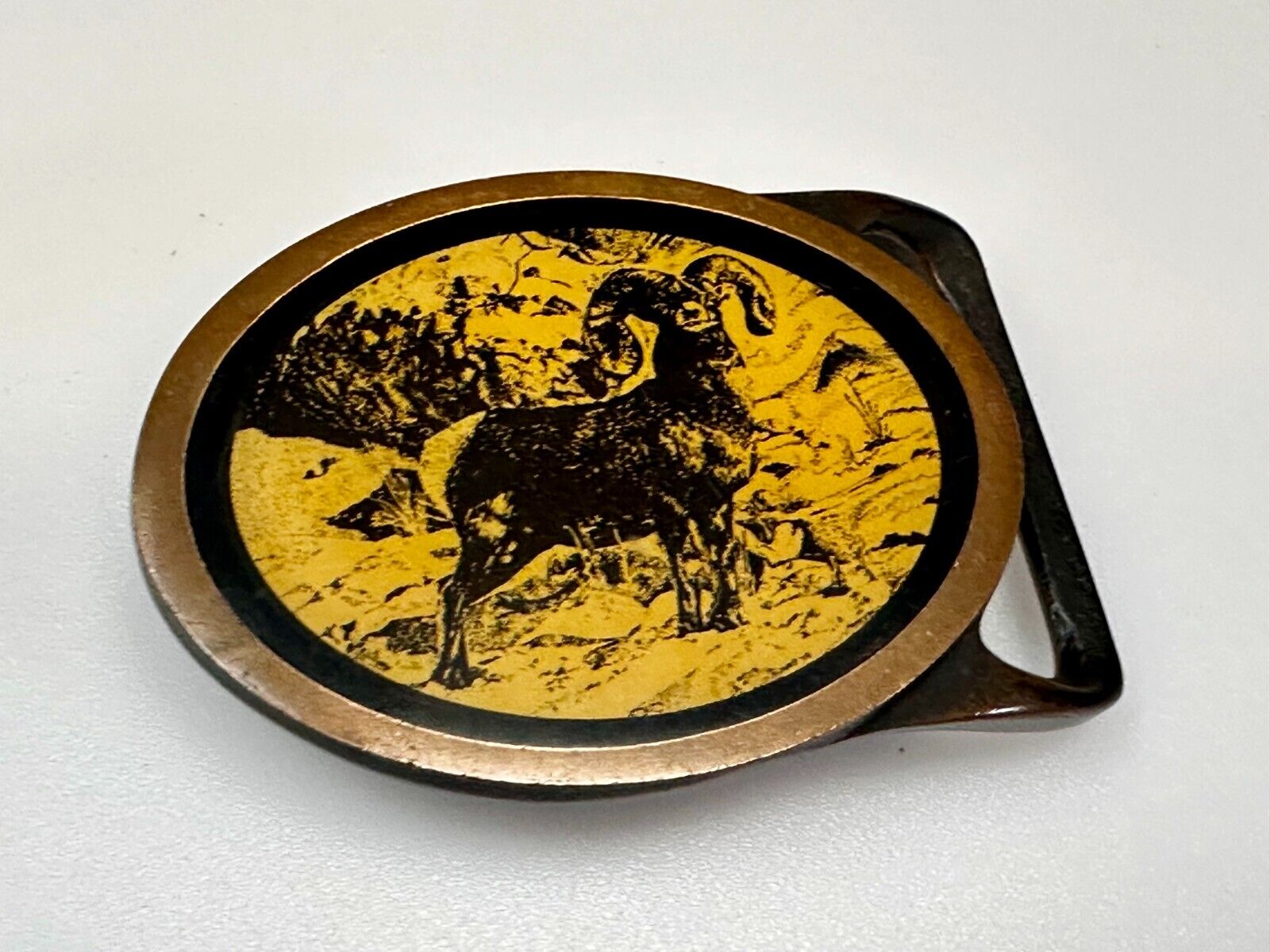 Bighorn Ram Mountain Goat Wildlife Scene Vintage Tech Ether Guild Belt Buckle