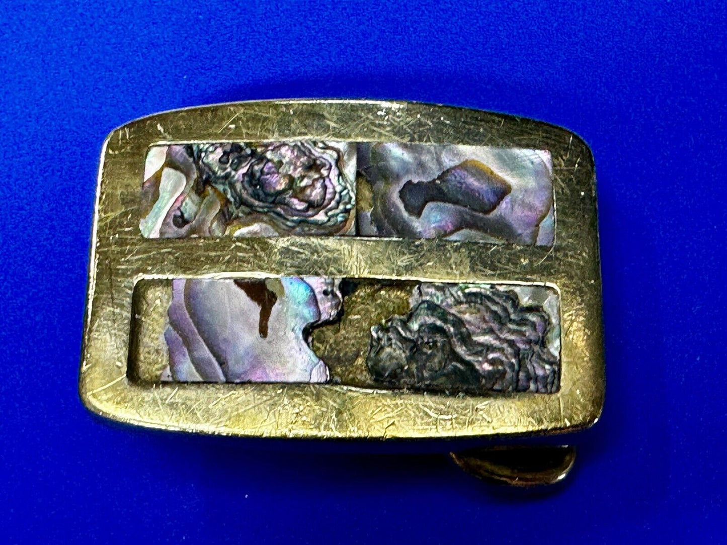 Alabone Shell  Inlay Hippy Boho Style Small Solid Brass Belt Buckle