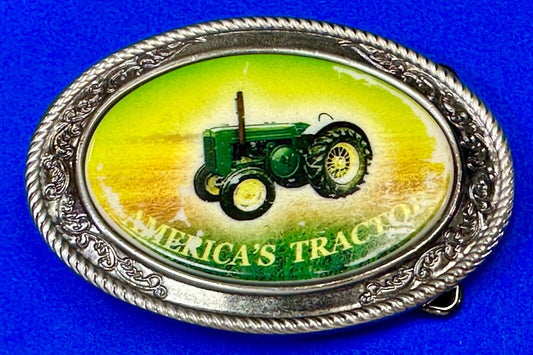 Americas Tractor - Farm Green Yellow color vintage oval silver tone belt buckle