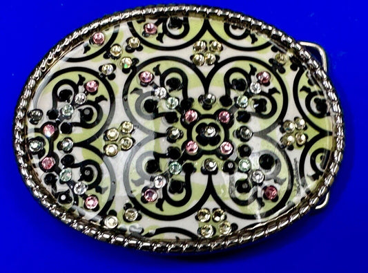Artisan western oval girlie pink & green rhinestone accented belt buckle
