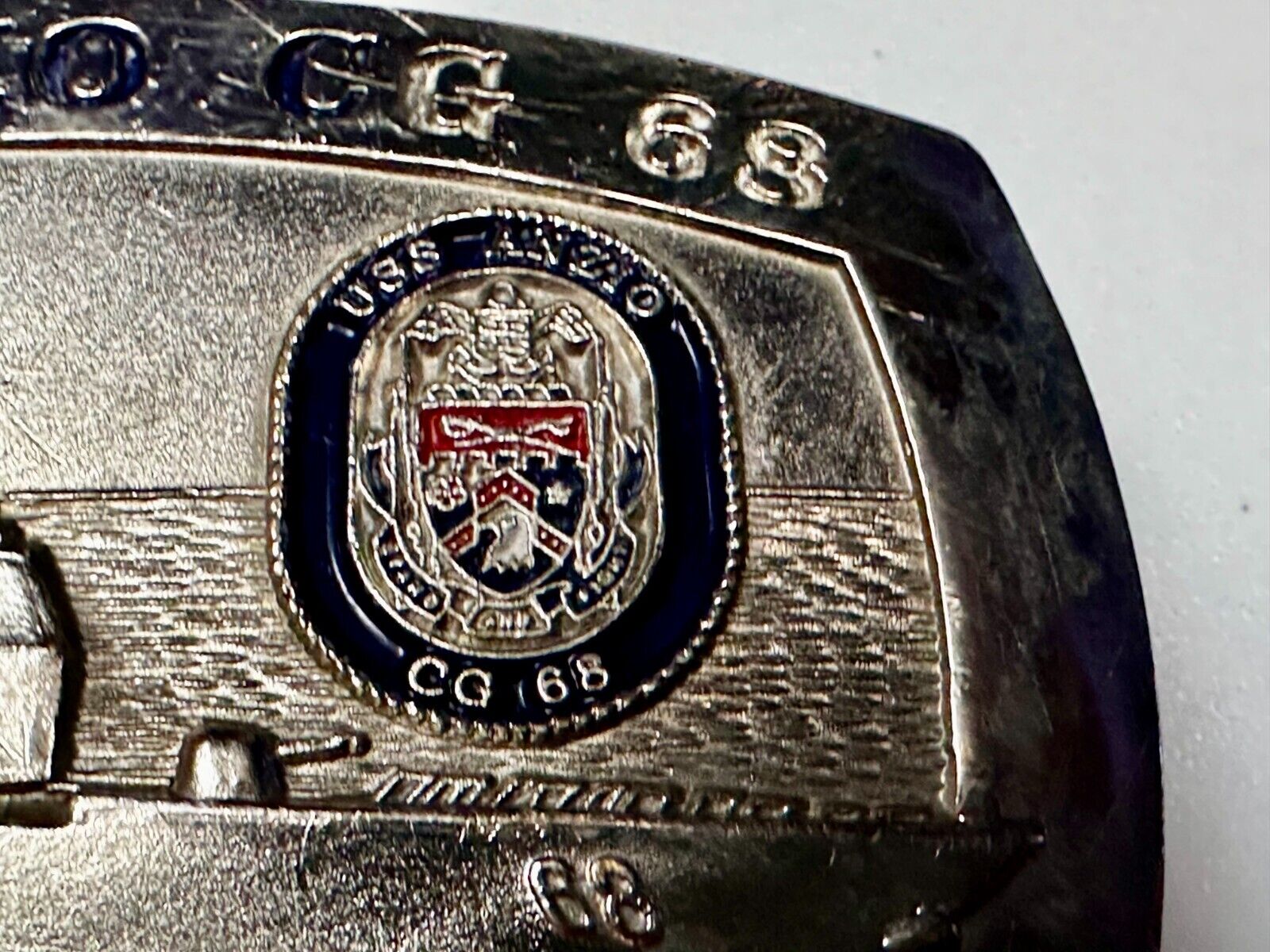 U.S.S. Anzio CG 68 Missile Cruiser Ship Stand and Fight US Navy Vtg. Belt Buckle