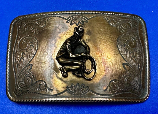 Vintage Cowboy Kneeling With Rodeo Lasso Rope Western Belt Buckle