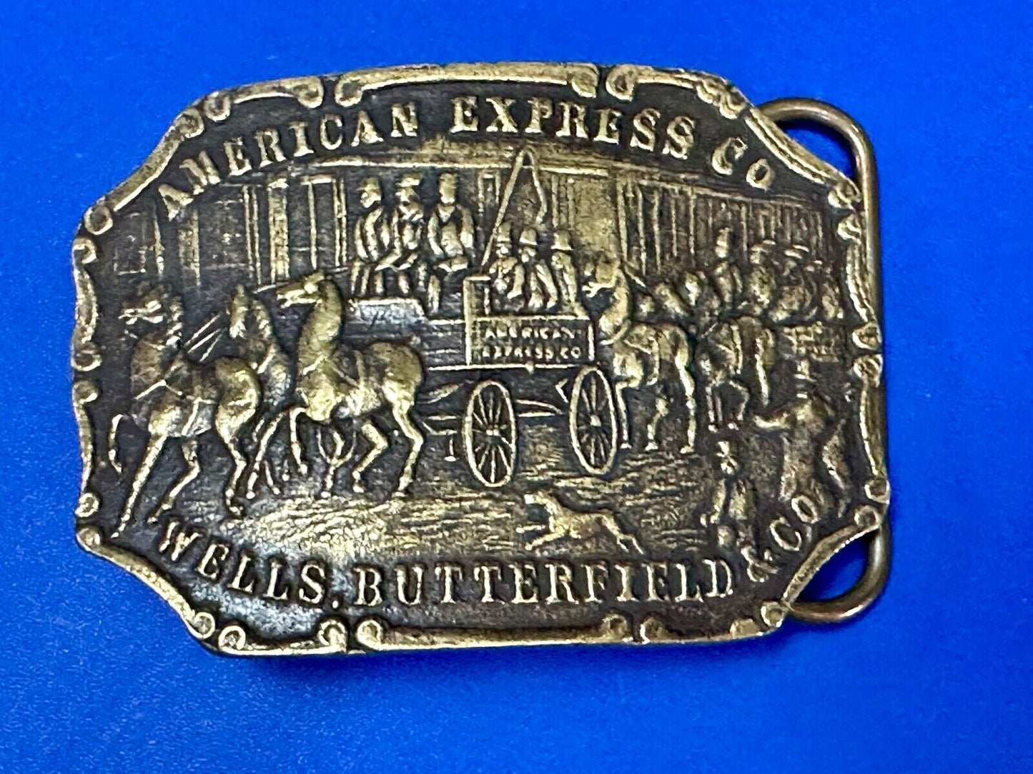 American Express Wells Butterfield stagecoach belt buckle - see back!