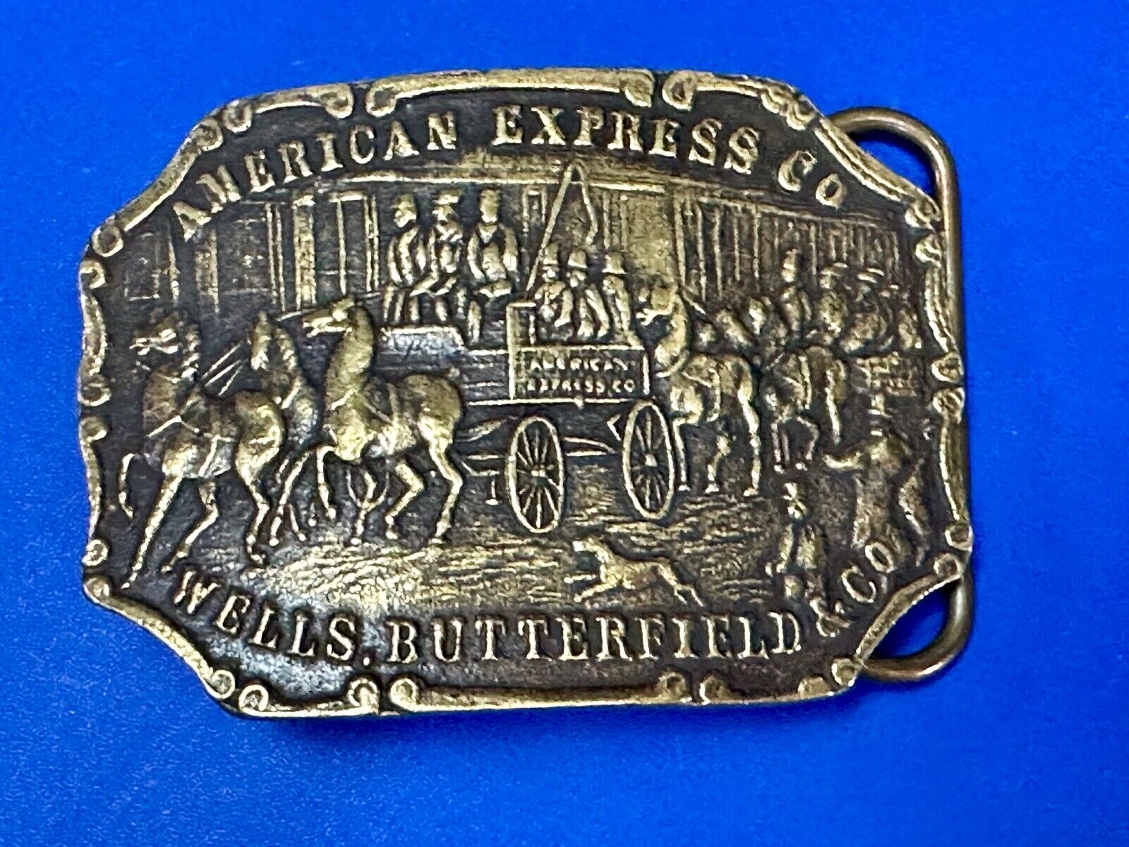 American Express Wells Butterfield stagecoach belt buckle - see back!