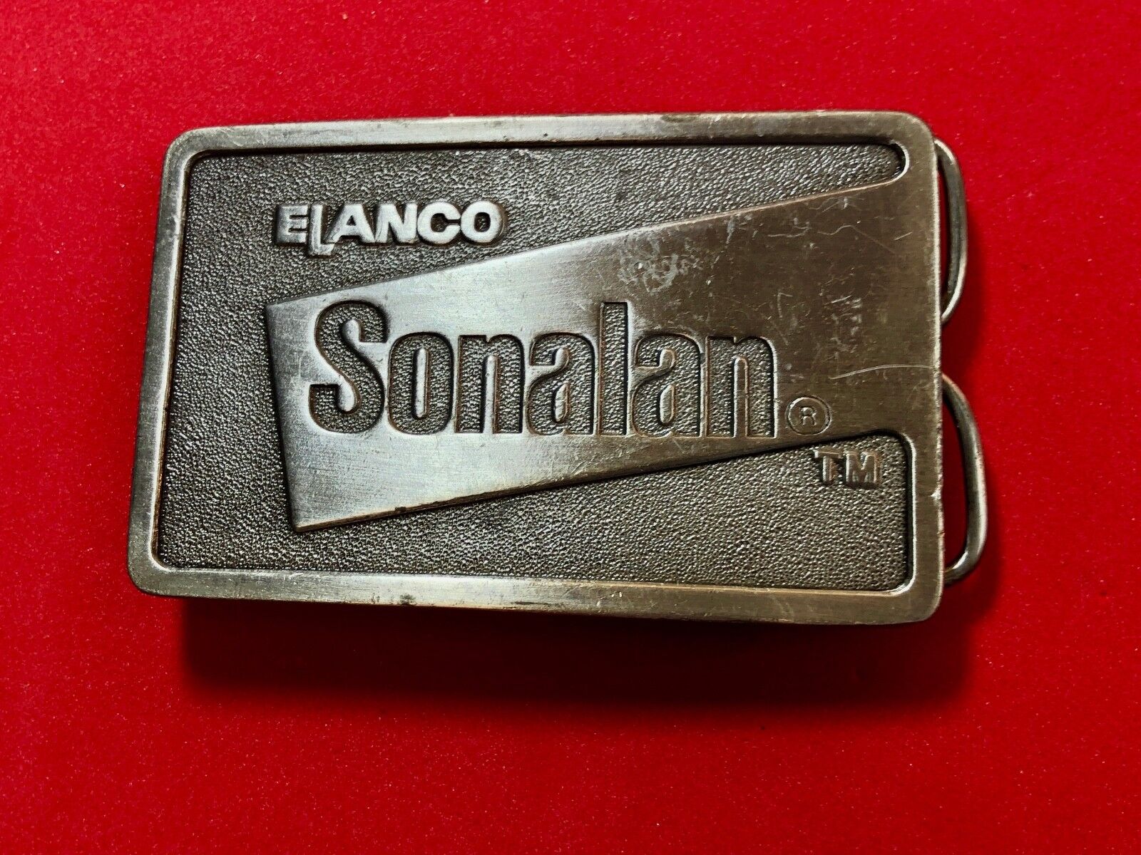 1980s **ELANCO SONALAN** farming HERBICIDE BELT BUCKLE  customer thank you 