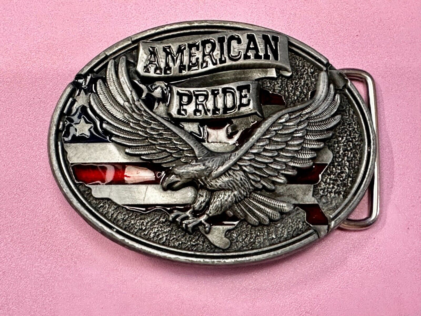 American Pride -Soaring Flying Eagle USA Flag Silver Color Patriotic Belt Buckle