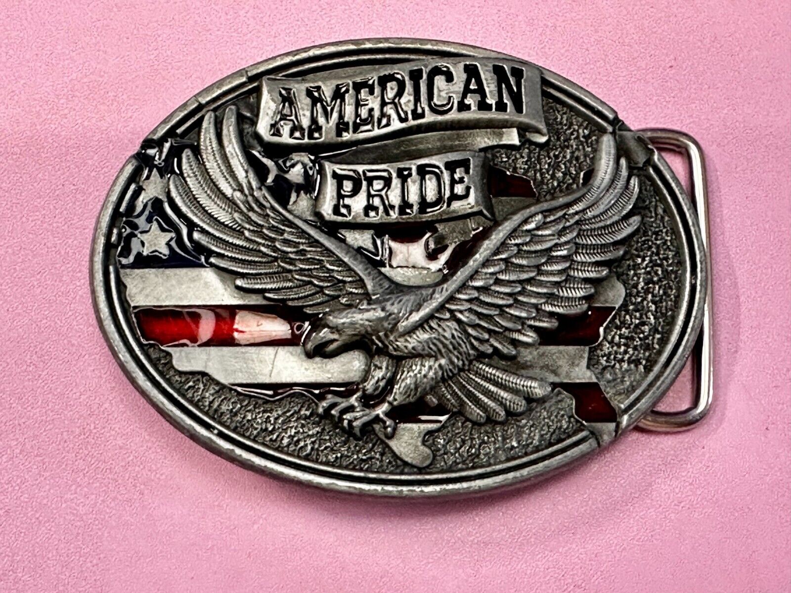 American Pride -Soaring Flying Eagle USA Flag Silver Color Patriotic Belt Buckle