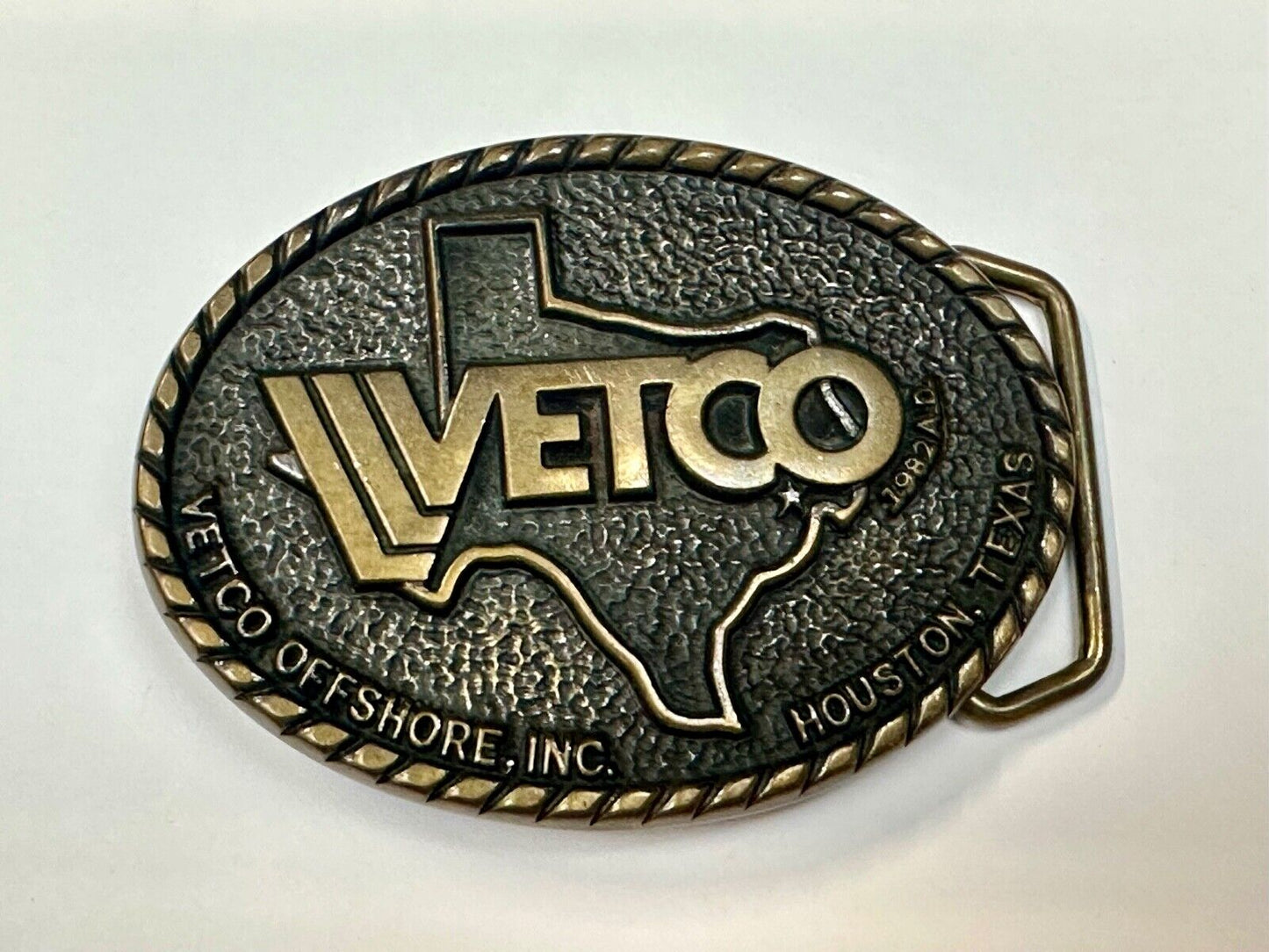 VETCO Houston Texas OffShore Inc animal health Vintage solid brass belt buckle
