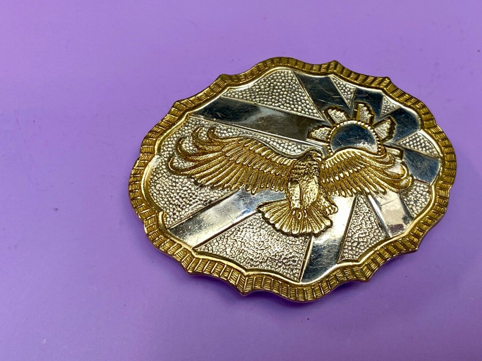 Vintage Crumrine Two tone Hunting American Bald Eagle in Flight belt buckle