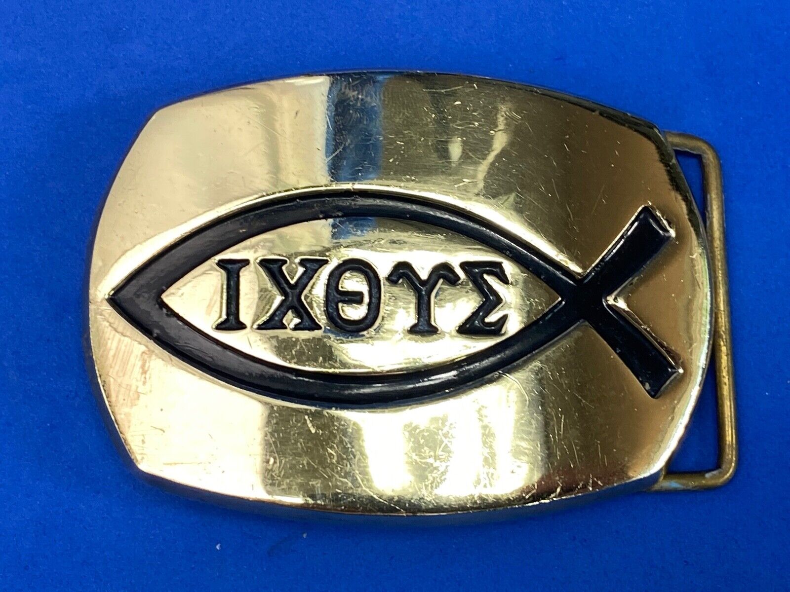 Vintage Ichthus Jesus Fish Ixoye Christian Symbol Icthus Brass Belt Buckle 