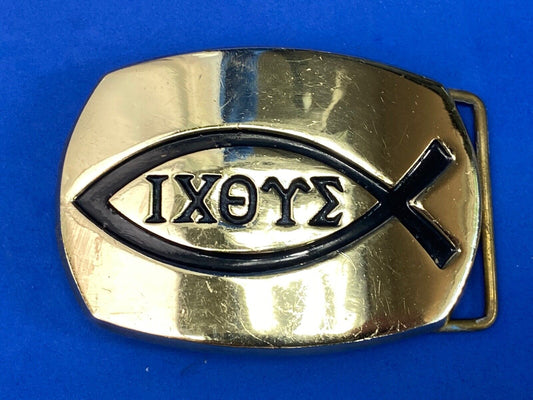 Vintage Ichthus Jesus Fish Ixoye Christian Symbol Icthus Brass Belt Buckle 