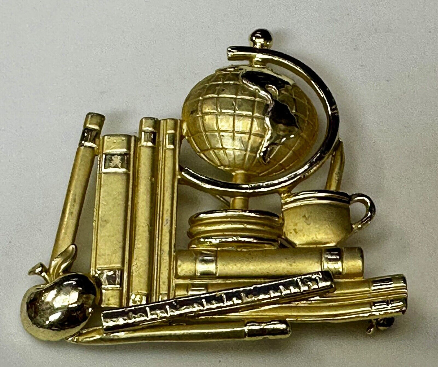 Teacher Gift!  Globe Books Apple Ruler Gold Tone Brooch Pin Vintage by AJC