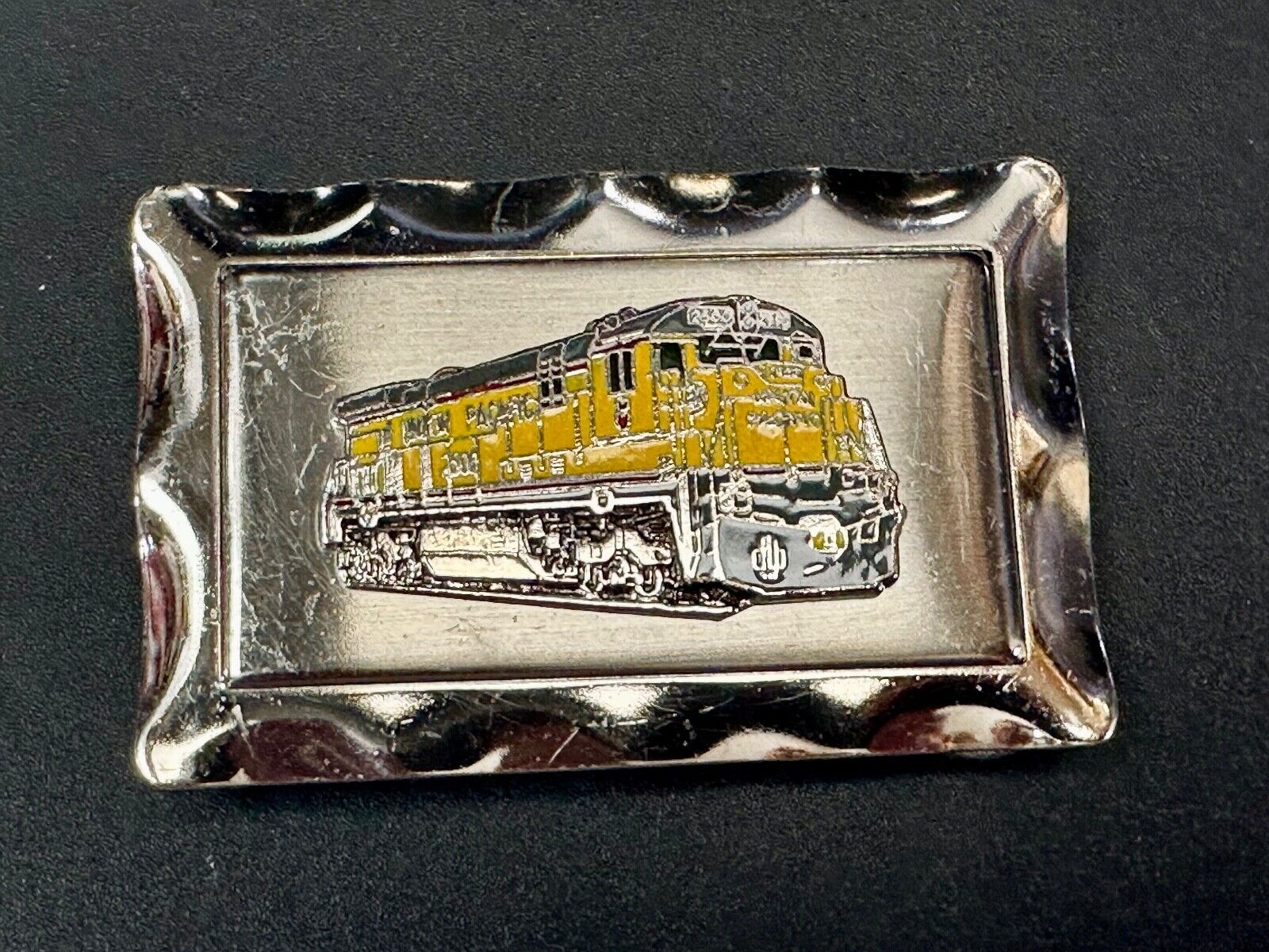 Union Pacific Yellow Train Rail Road Steam Engine silver tone vtg.  belt buckle