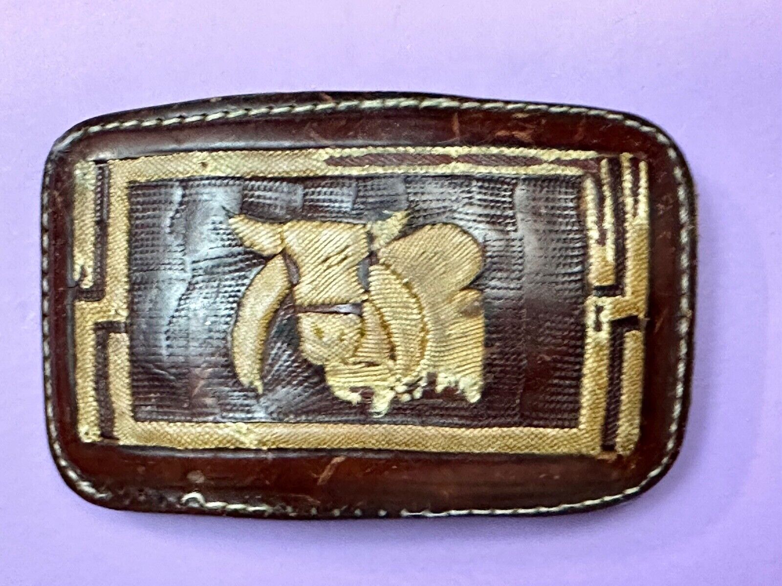 Unique Calf? Cow? Goat? Vintage brown leather stitched Belt Buckle