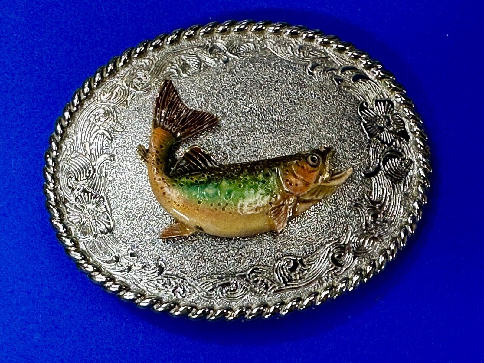 Trout Fish Fisherman Gift Vintage 1978 Oval Belt Buckle by Rain Tree