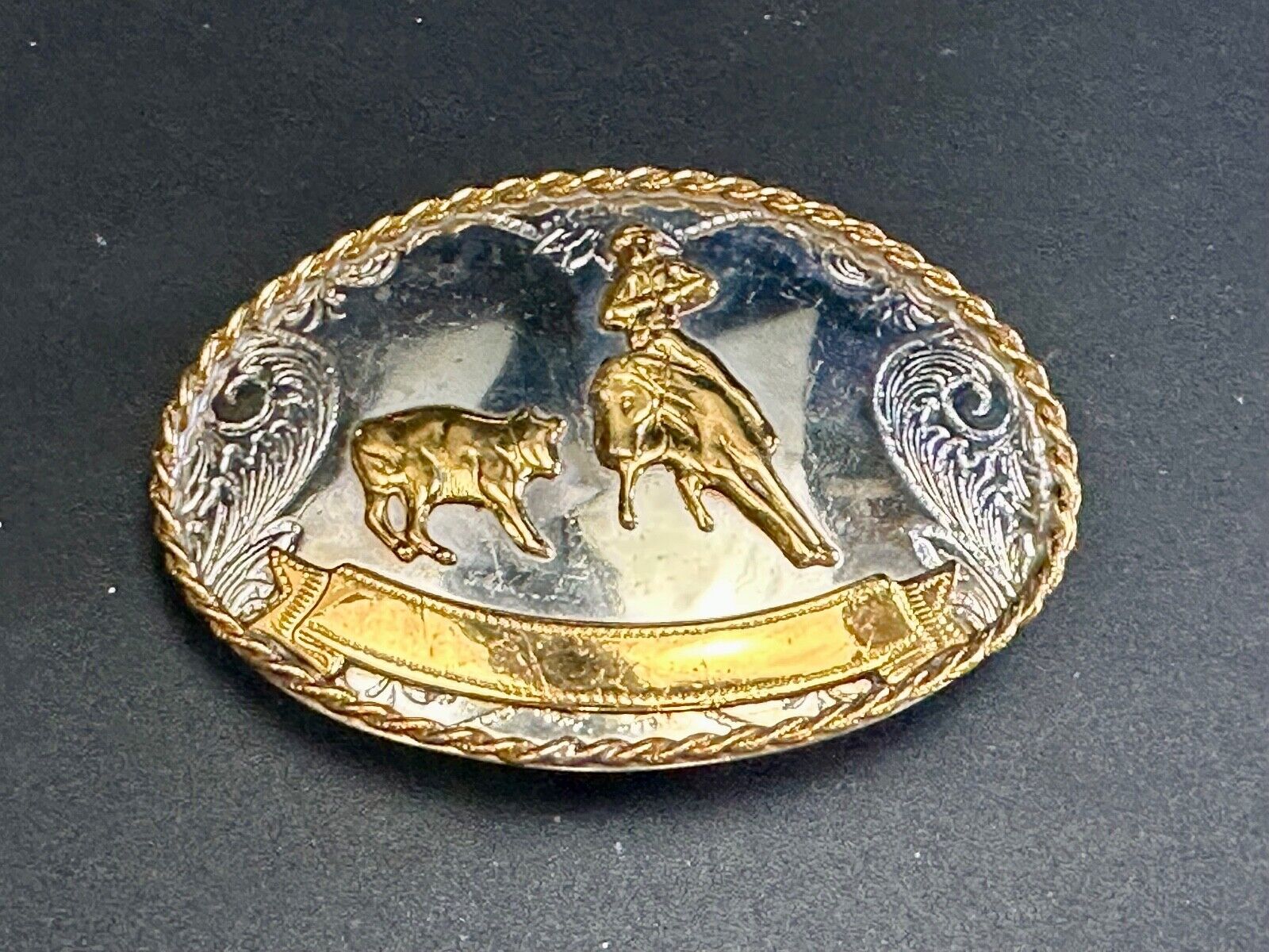 Vintage German Silver Rodeo Cowboy With Blank Award Trophy Ribbon belt buckle