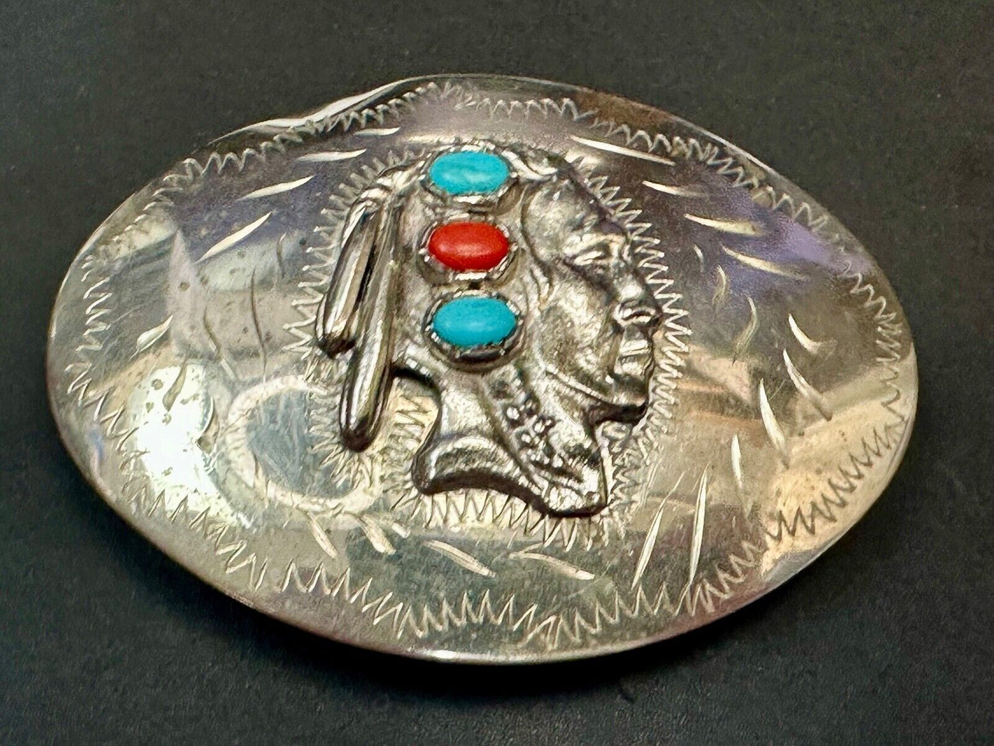 Artisan Native American Indian Bust Belt Buckle  Faux Turquoise & coral accents