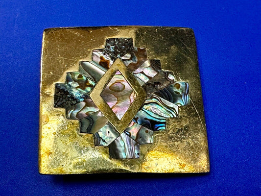 Vintage Inlaid Abalone Shell Into Solid Brass Hippy Vibe Alpaca? Belt Buckle