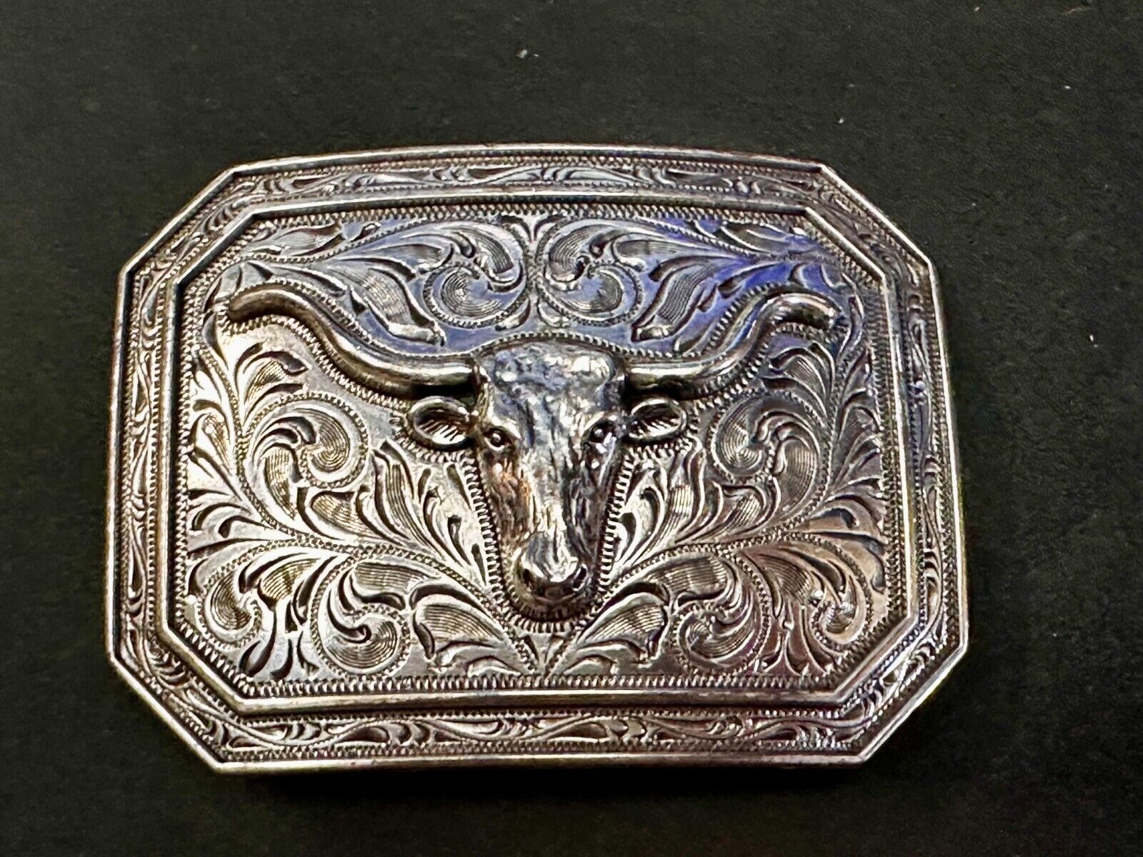 Texas Longhorn Cow Head Steer Ornate Silver Color Western Cowboy Belt Buckle
