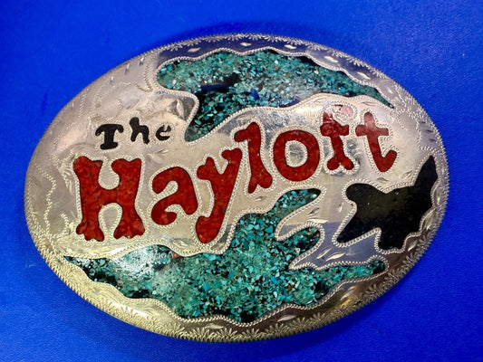 The Hayloft Large Turquoise Inlaid Champion's Choice Silver Belt Buckle CCS&S