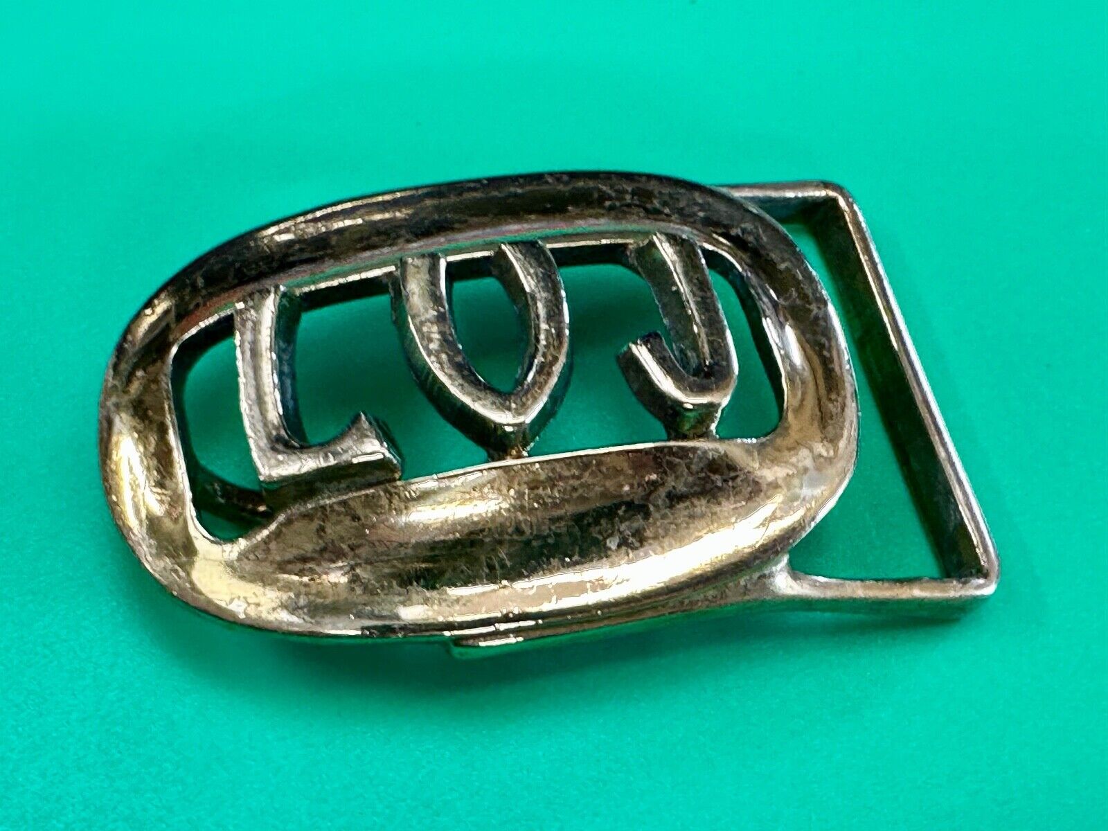 Vintage LVJ LUJ gold tone block letters cutout belt buckle